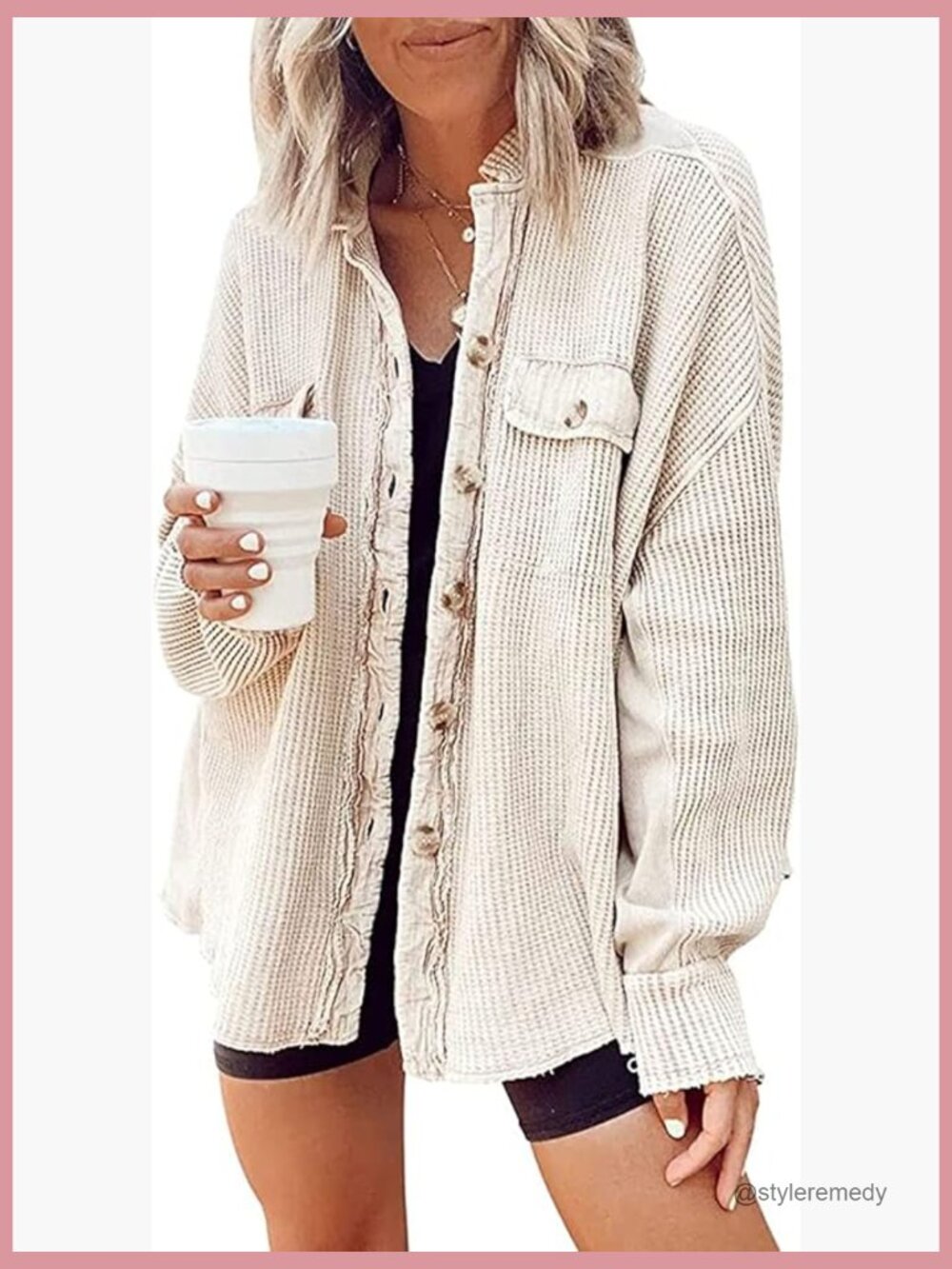 Waffle Knit Button Down Shirt Fall Jacket Long Sleeve Casual Coat
